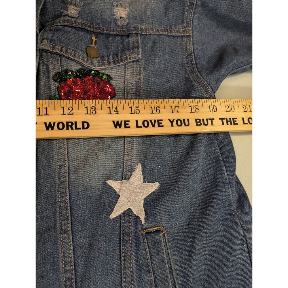 Say What? Oversized Denim Jacket XS Sequin Tiger Rose Patches Distressed Jean - Picture 13 of 16